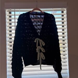Urban Outfitters Black Knit Sweater w/ Seafoam Blue Velvet Bows
